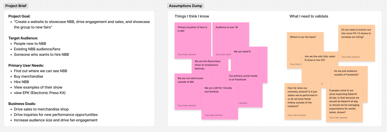The project brief card listing the project goal, target audience, primary user needs and business goals, beside the assumptions dump: pink notes under 'Things I think I know' and peach notes under 'What I need to validate'.