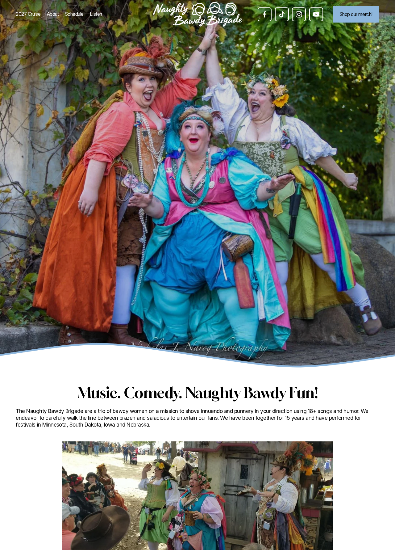 The completed Naughty Bawdy Brigade website, featuring the three performers